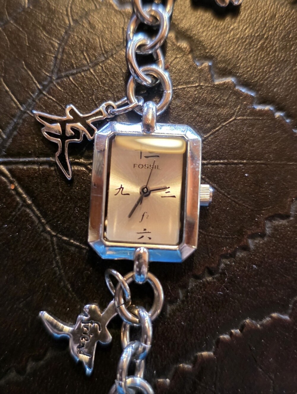 Silvertone FOSSIL Charm Bracelet Watch with Rectangular Face. In Working Order. - Picture 2 of 3